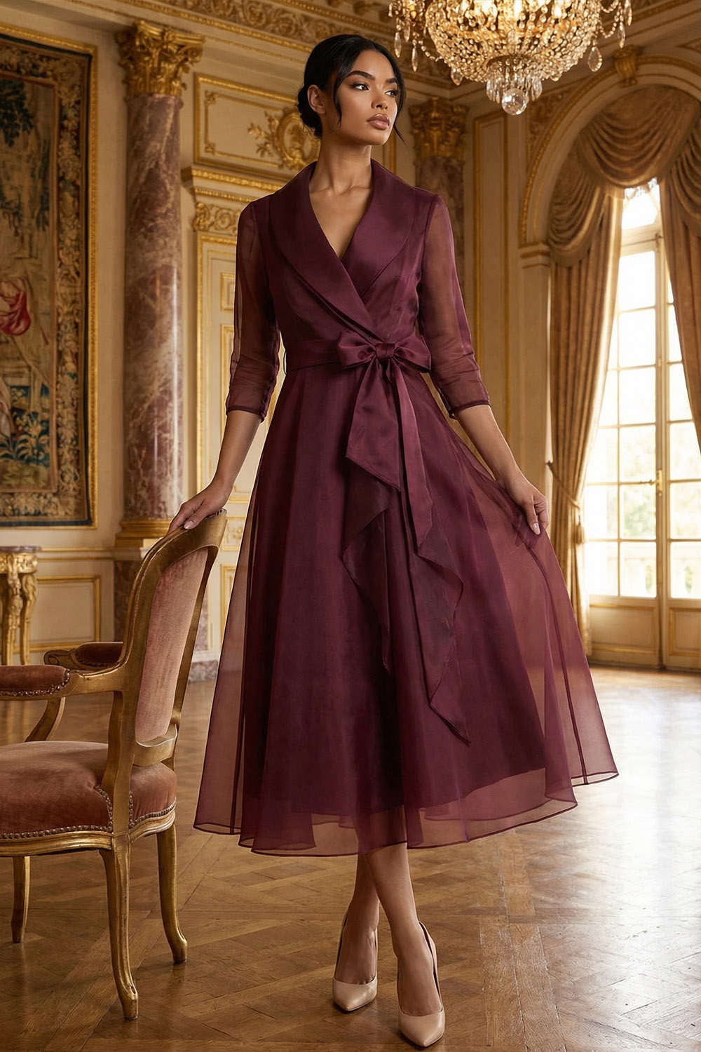 Burgundy Formal Evening Dress A-Line Lapel Long Sleeve Midi Dress 