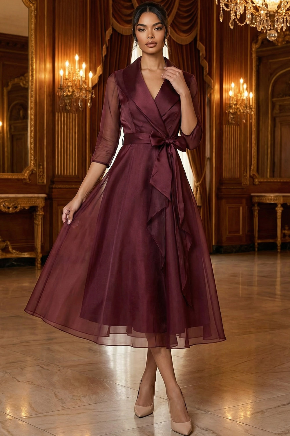 Burgundy Formal Evening Dress A-Line Lapel Long Sleeve Midi Dress 