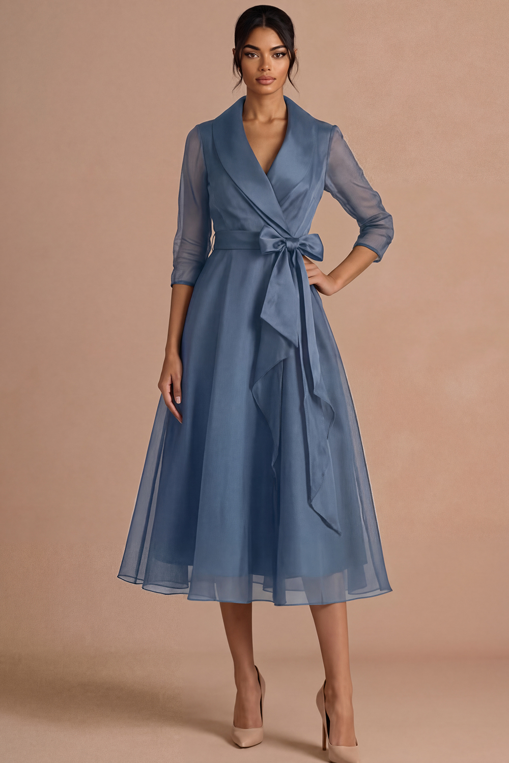 Burgundy Formal Evening Dress A-Line Lapel Long Sleeve Midi Dress 