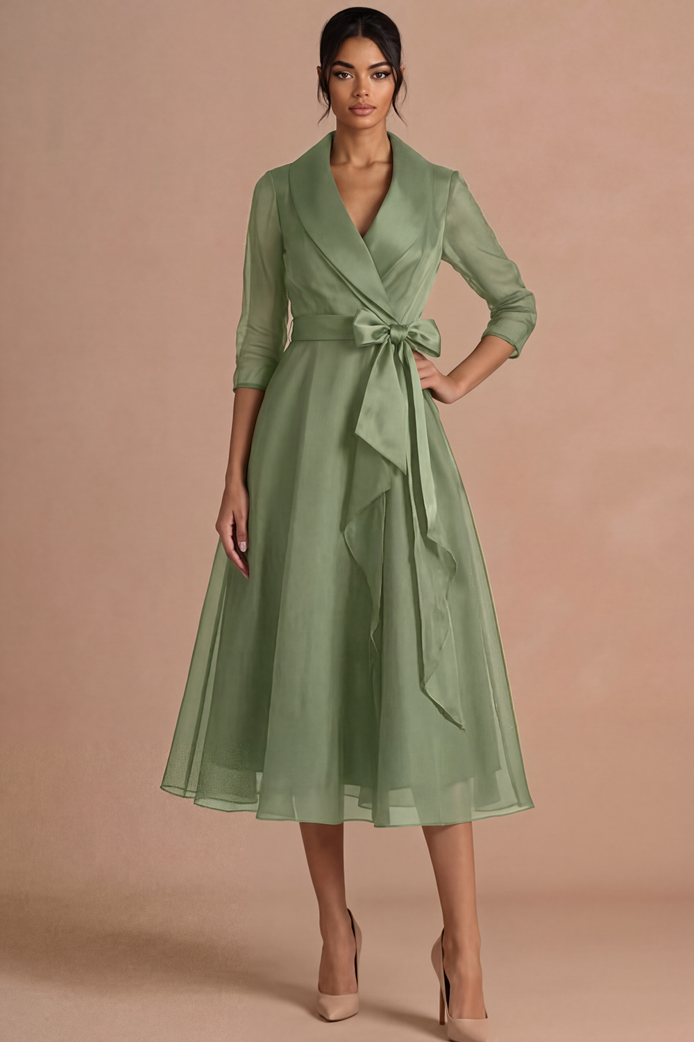 Burgundy Formal Evening Dress A-Line Lapel Long Sleeve Midi Dress 