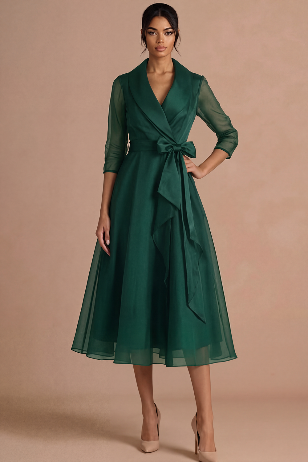 Burgundy Formal Evening Dress A-Line Lapel Long Sleeve Midi Dress 