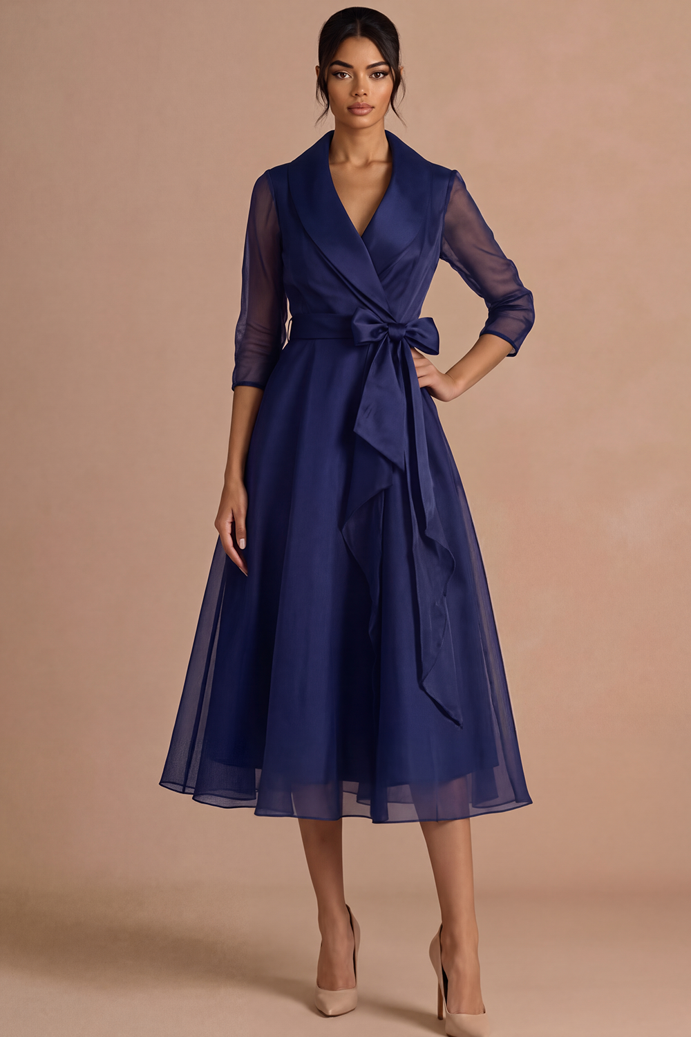 Burgundy Formal Evening Dress A-Line Lapel Long Sleeve Midi Dress 