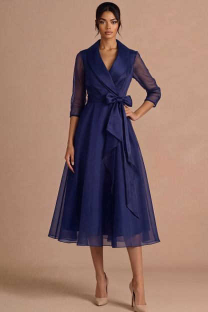 Burgundy Formal Evening Dress A-Line Lapel Long Sleeve Midi Dress 