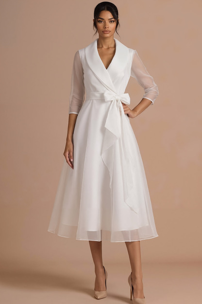 Burgundy Formal Evening Dress A-Line Lapel Long Sleeve Midi Dress 