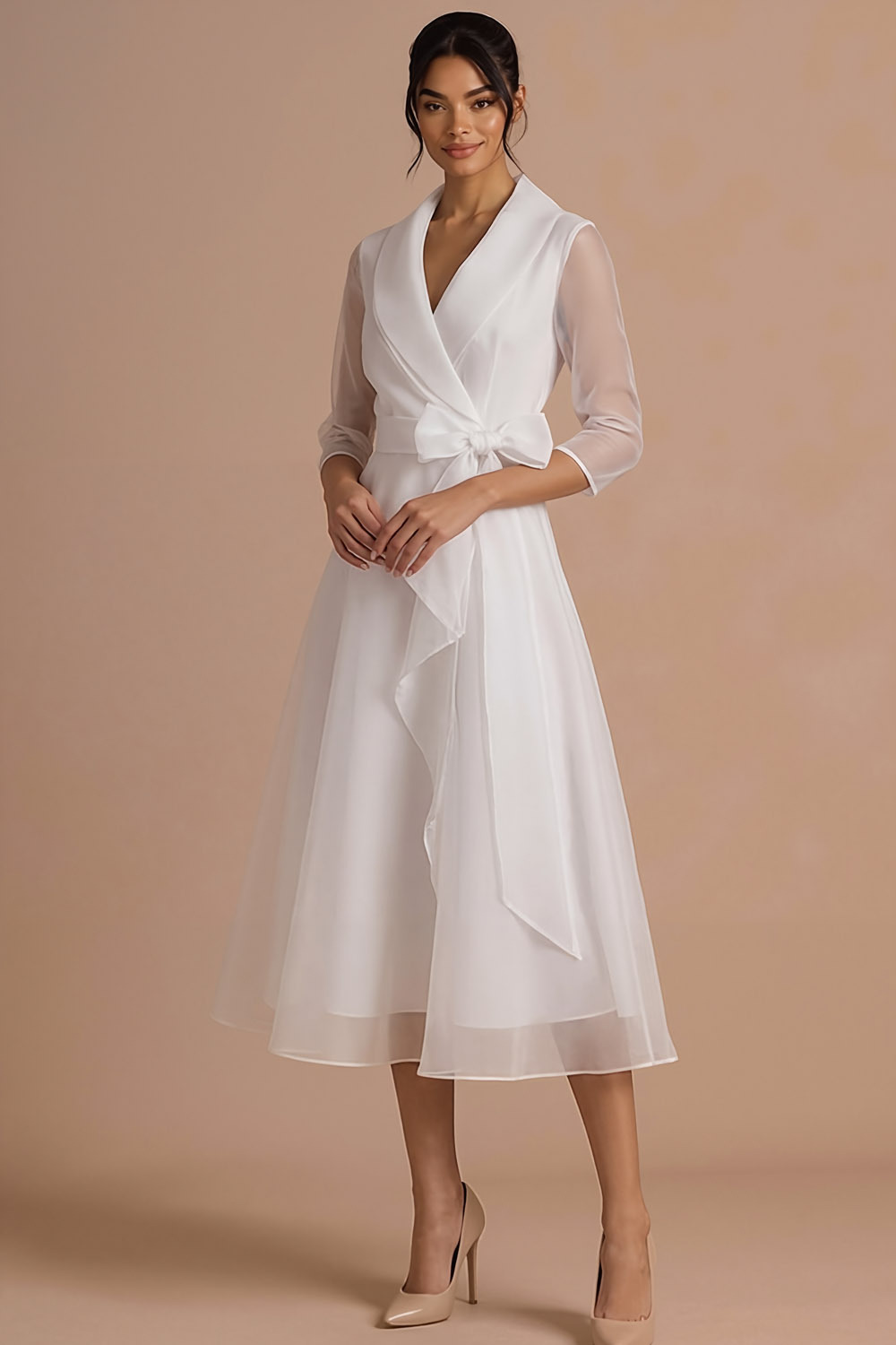 Burgundy Formal Evening Dress A-Line Lapel Long Sleeve Midi Dress 