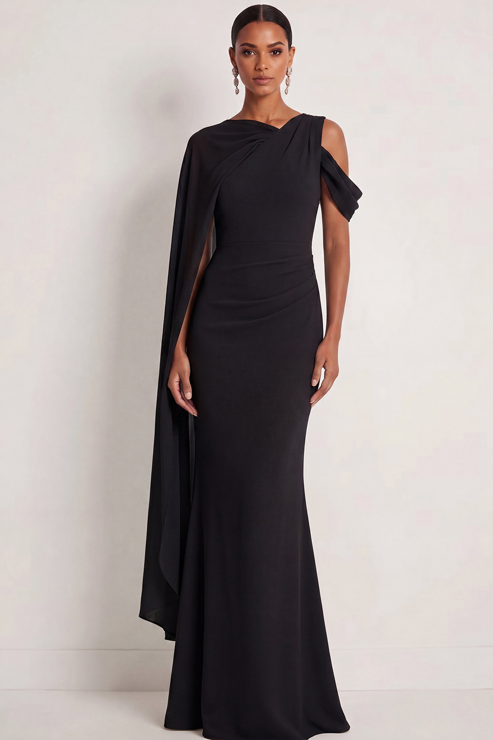 Dusty Sage Formal Dress Mermaid One Shoulder Chiffon Maxi Dress with Cape