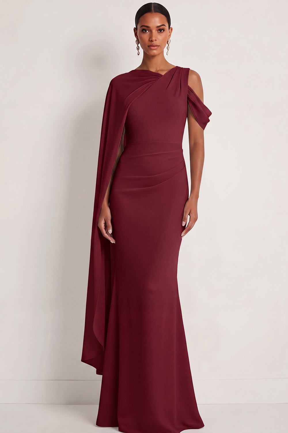 Dusty Sage Formal Dress Mermaid One Shoulder Chiffon Maxi Dress with Cape