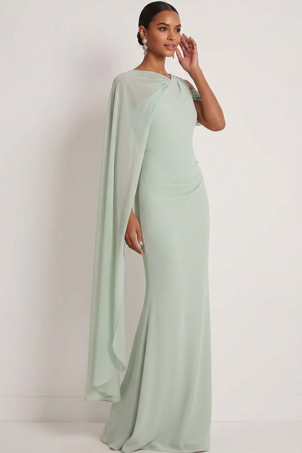Dusty Sage Formal Dress Mermaid One Shoulder Chiffon Maxi Dress with Cape