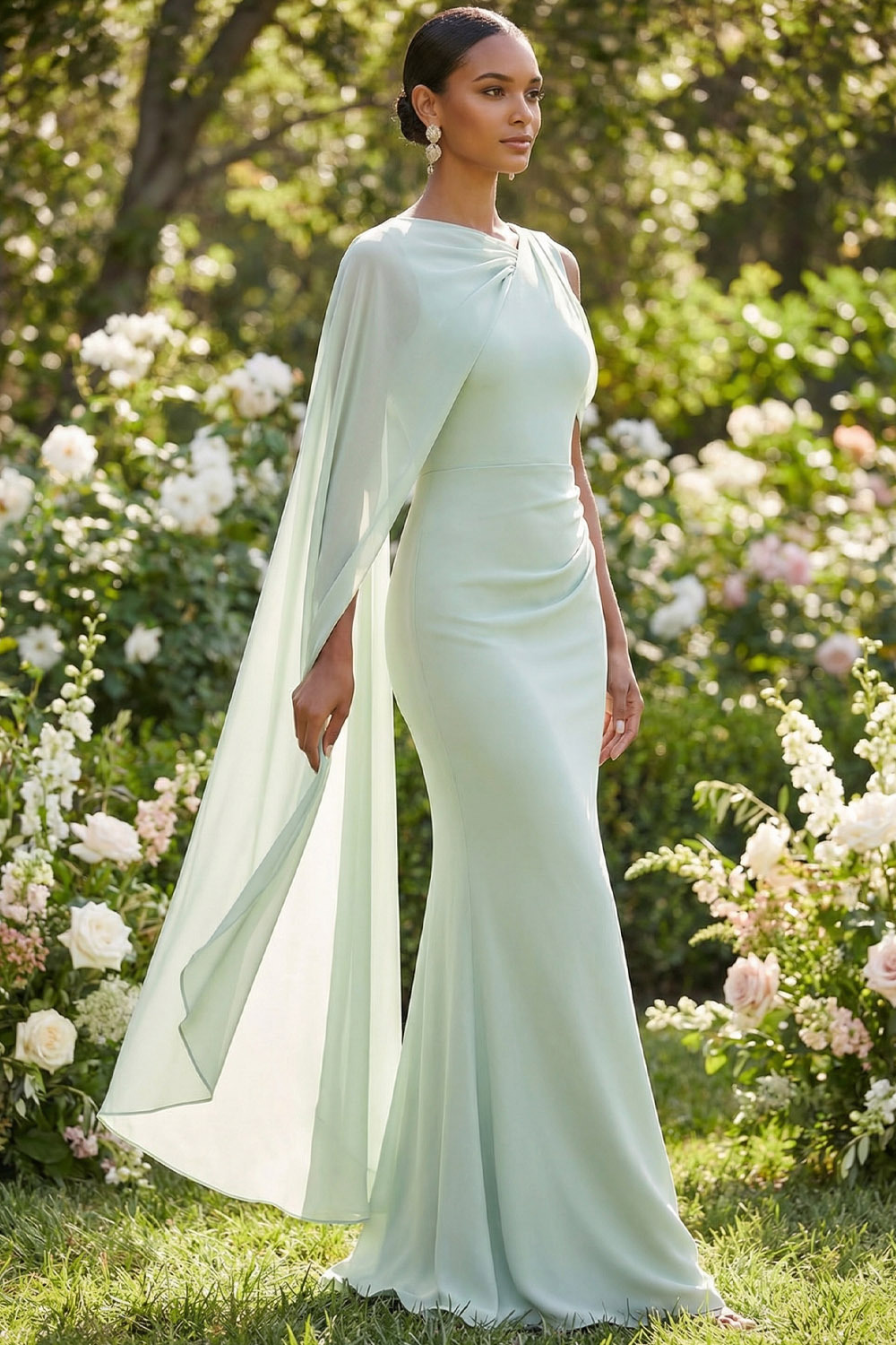 Dusty Sage Formal Dress Mermaid One Shoulder Chiffon Maxi Dress with Cape