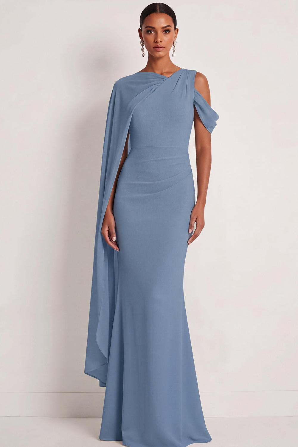Dusty Sage Formal Dress Mermaid One Shoulder Chiffon Maxi Dress with Cape