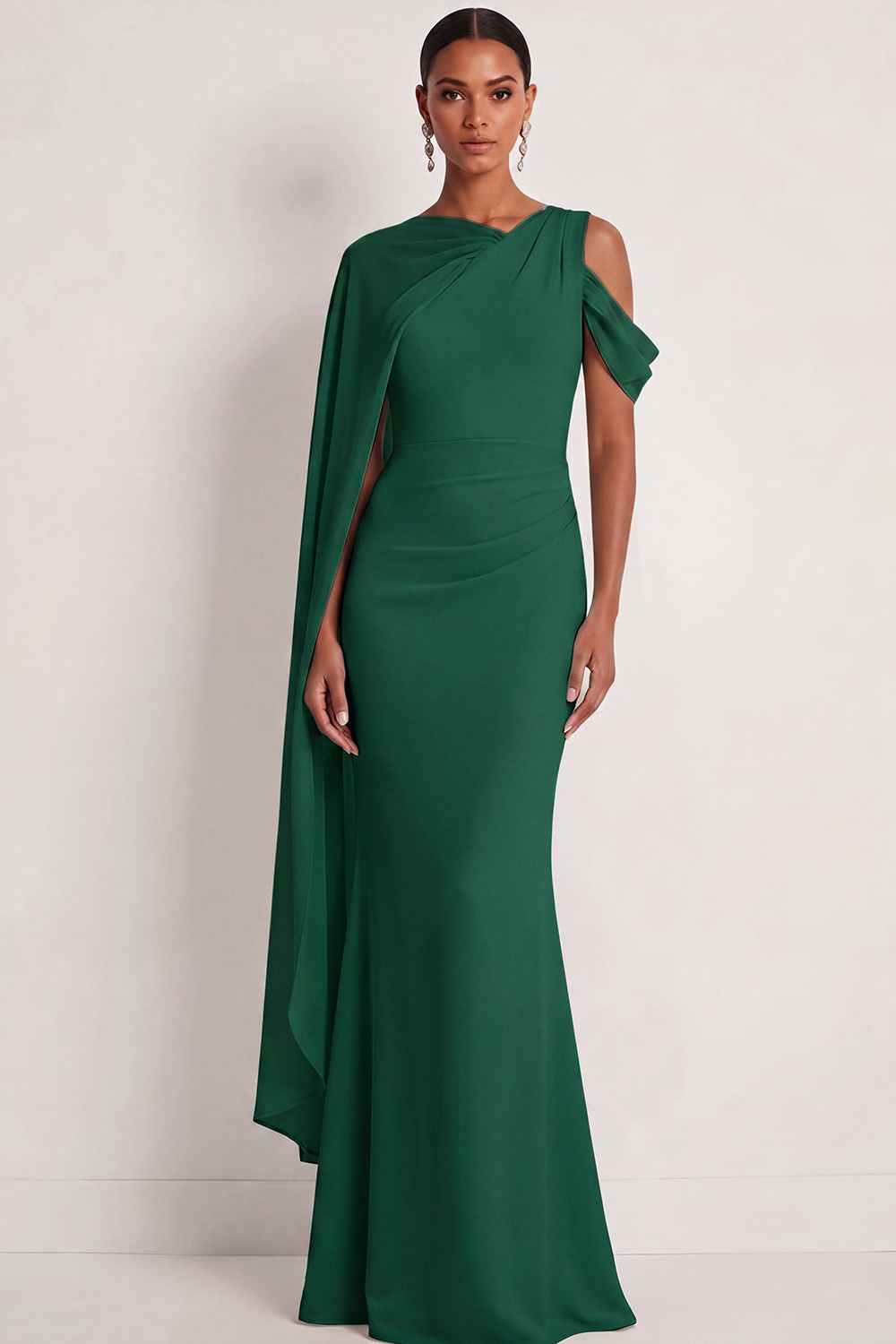 Dusty Sage Formal Dress Mermaid One Shoulder Chiffon Maxi Dress with Cape