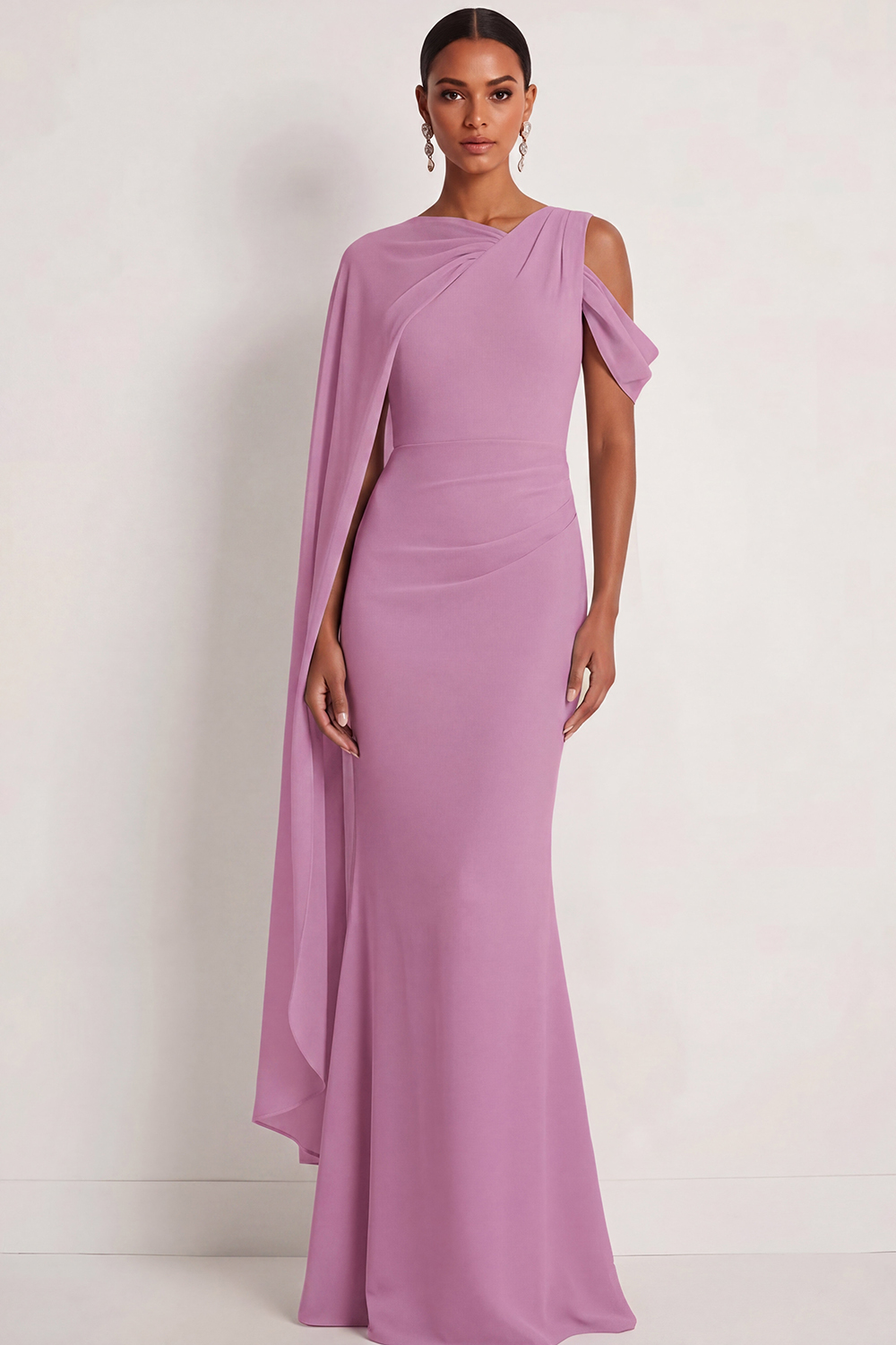Dusty Sage Formal Dress Mermaid One Shoulder Chiffon Maxi Dress with Cape