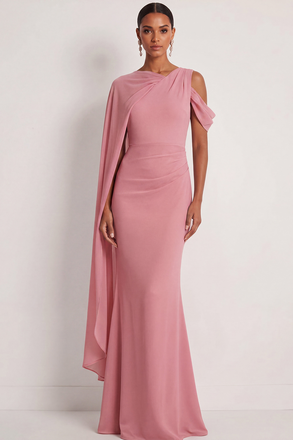 Dusty Sage Formal Dress Mermaid One Shoulder Chiffon Maxi Dress with Cape