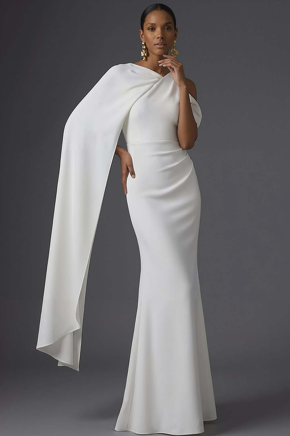 Dusty Sage Formal Dress Mermaid One Shoulder Chiffon Maxi Dress with Cape