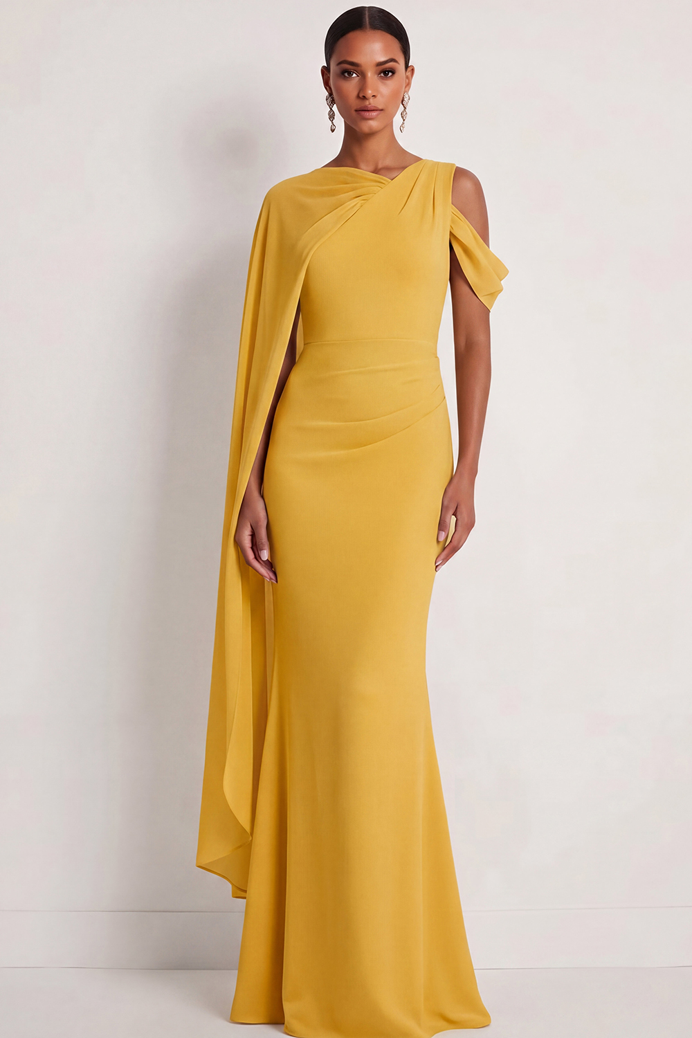 Dusty Sage Formal Dress Mermaid One Shoulder Chiffon Maxi Dress with Cape