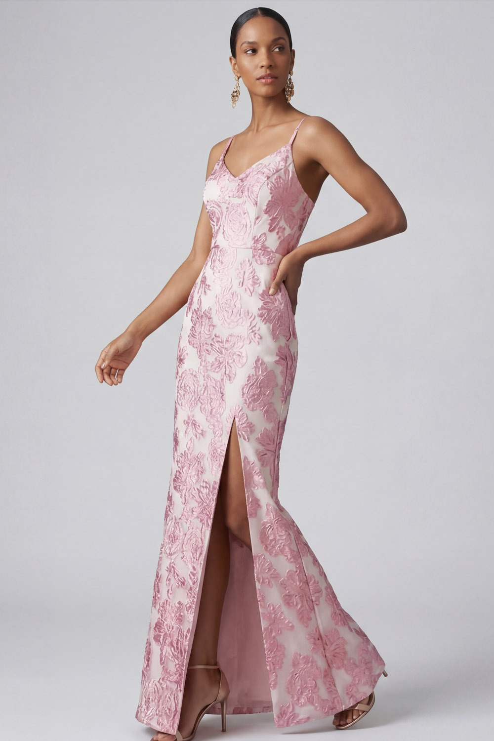 Pink Floral Wedding Guest Dress Spaghetti Straps Maxi Dress with Slit
