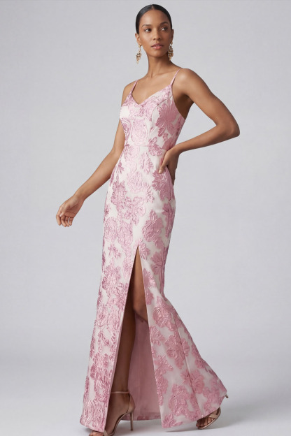 Pink Floral Wedding Guest Dress Spaghetti Straps Maxi Dress with Slit