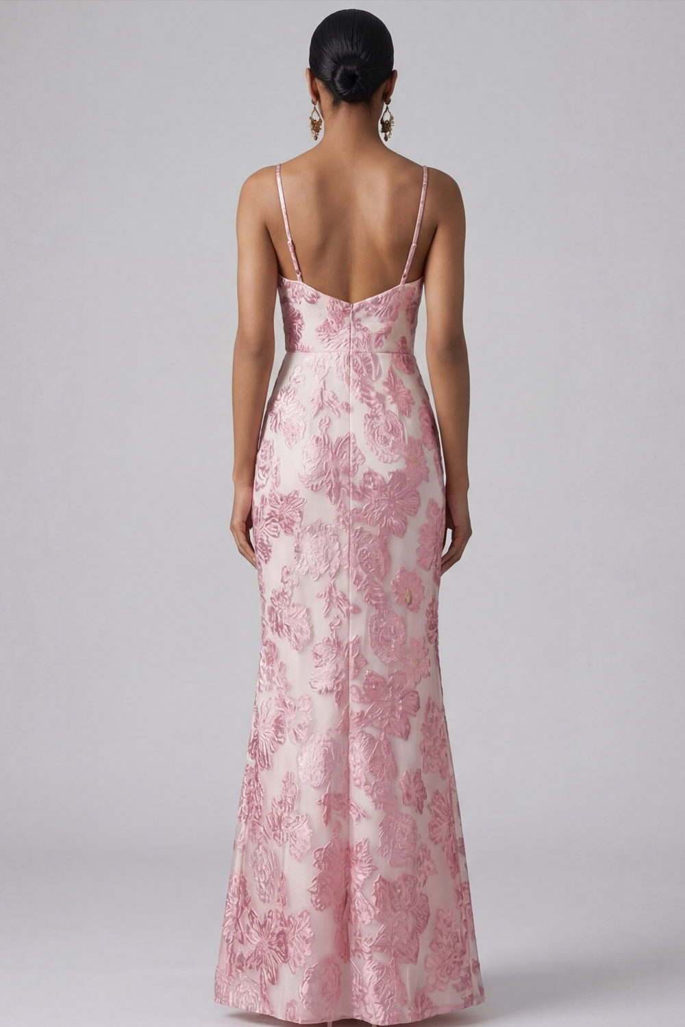 Pink Floral Wedding Guest Dress Spaghetti Straps Maxi Dress with Slit