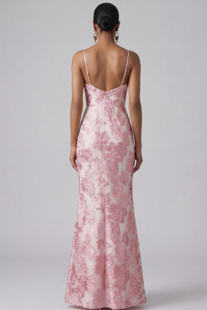 Pink Floral Wedding Guest Dress Spaghetti Straps Maxi Dress with Slit