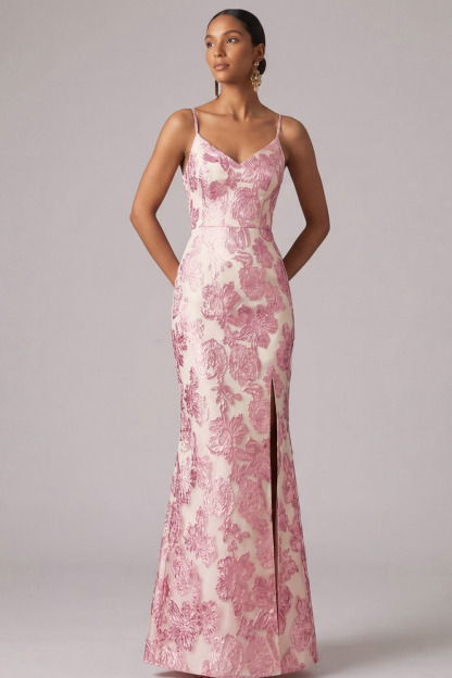 Pink Floral Wedding Guest Dress Spaghetti Straps Maxi Dress with Slit