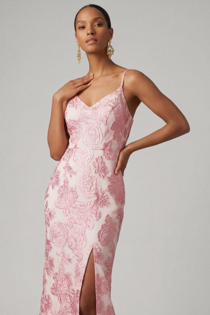 Pink Floral Wedding Guest Dress Spaghetti Straps Maxi Dress with Slit