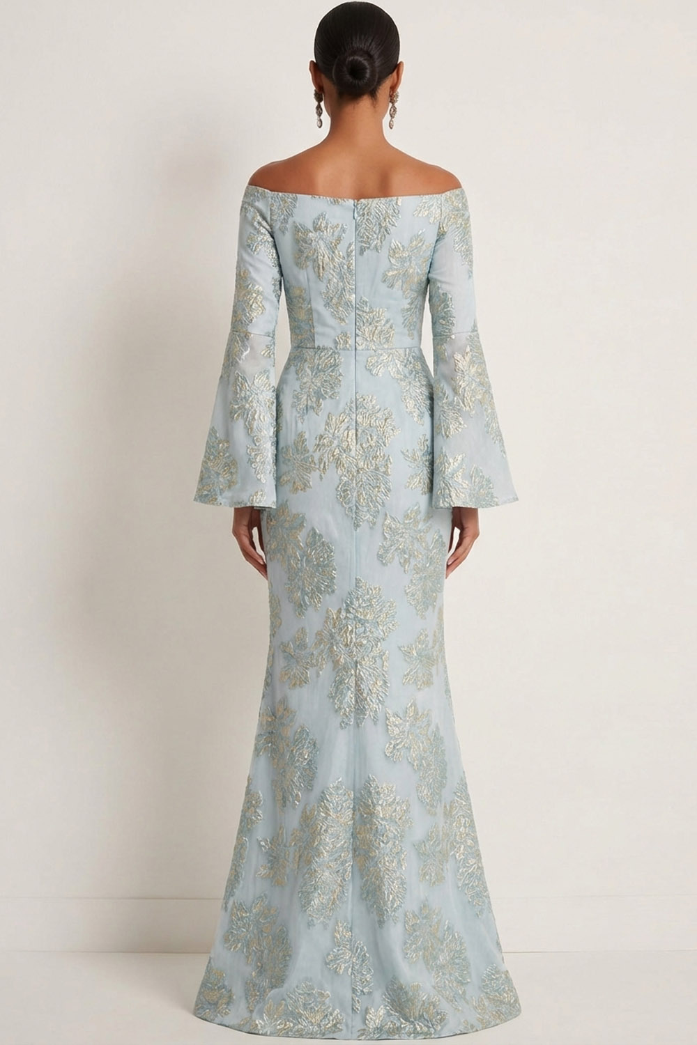 Light Blue Floral Wedding Guest Dress Mermaid Off the Shoulder Maxi Dress 