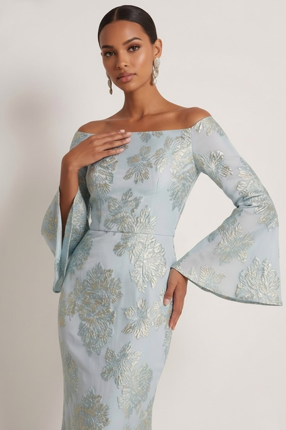 Light Blue Floral Wedding Guest Dress Mermaid Off the Shoulder Maxi Dress 