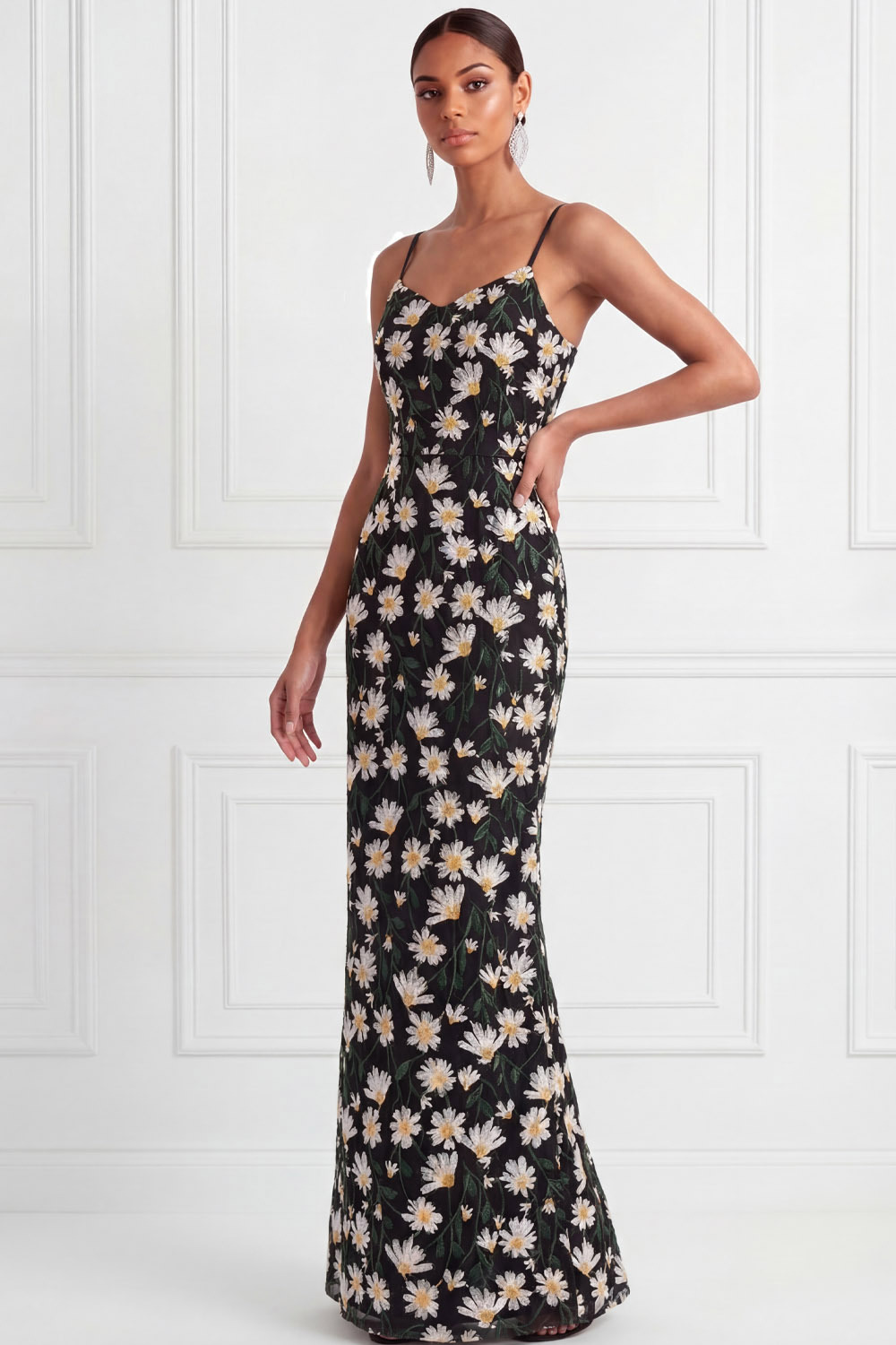 Black Wedding Guest Dress Sheath Spaghetti Straps Floral Maxi Dress
