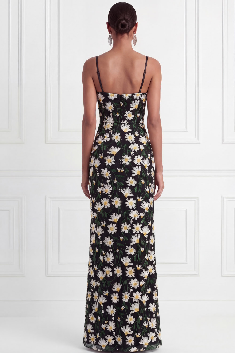 Black Wedding Guest Dress Sheath Spaghetti Straps Floral Maxi Dress 