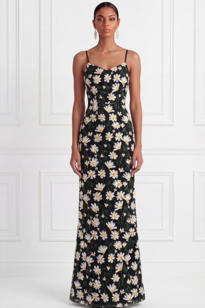 Black Wedding Guest Dress Sheath Spaghetti Straps Floral Maxi Dress 