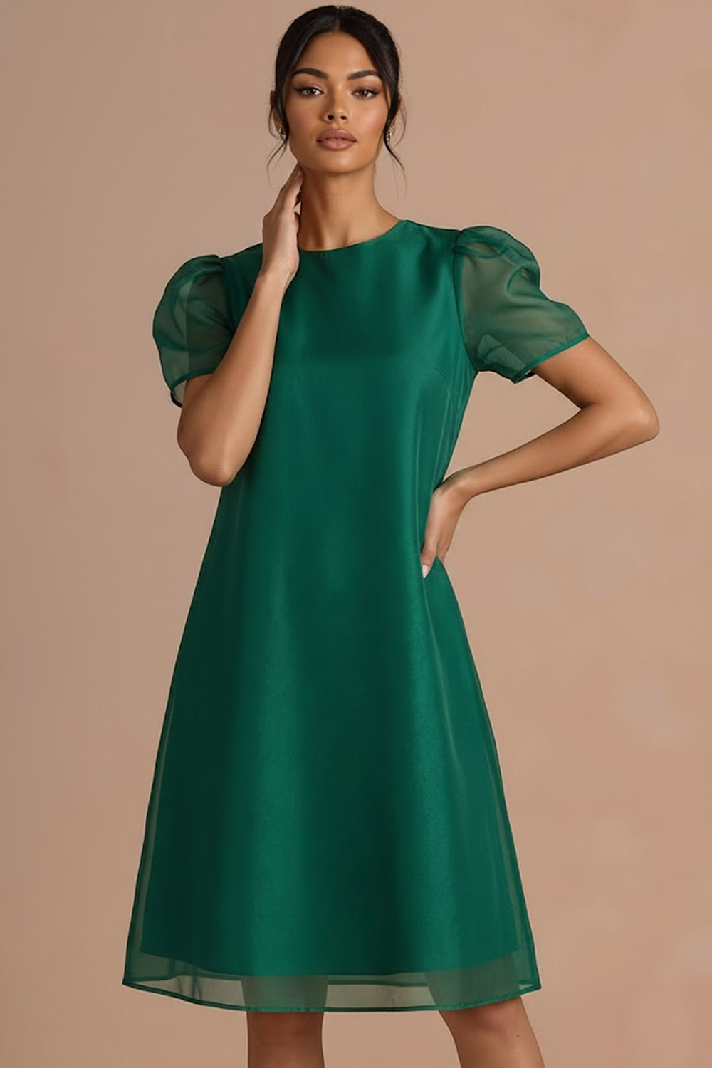 Emerald Green Formal Dress A-Line Round Neck Puff Sleeve Midi Dress
