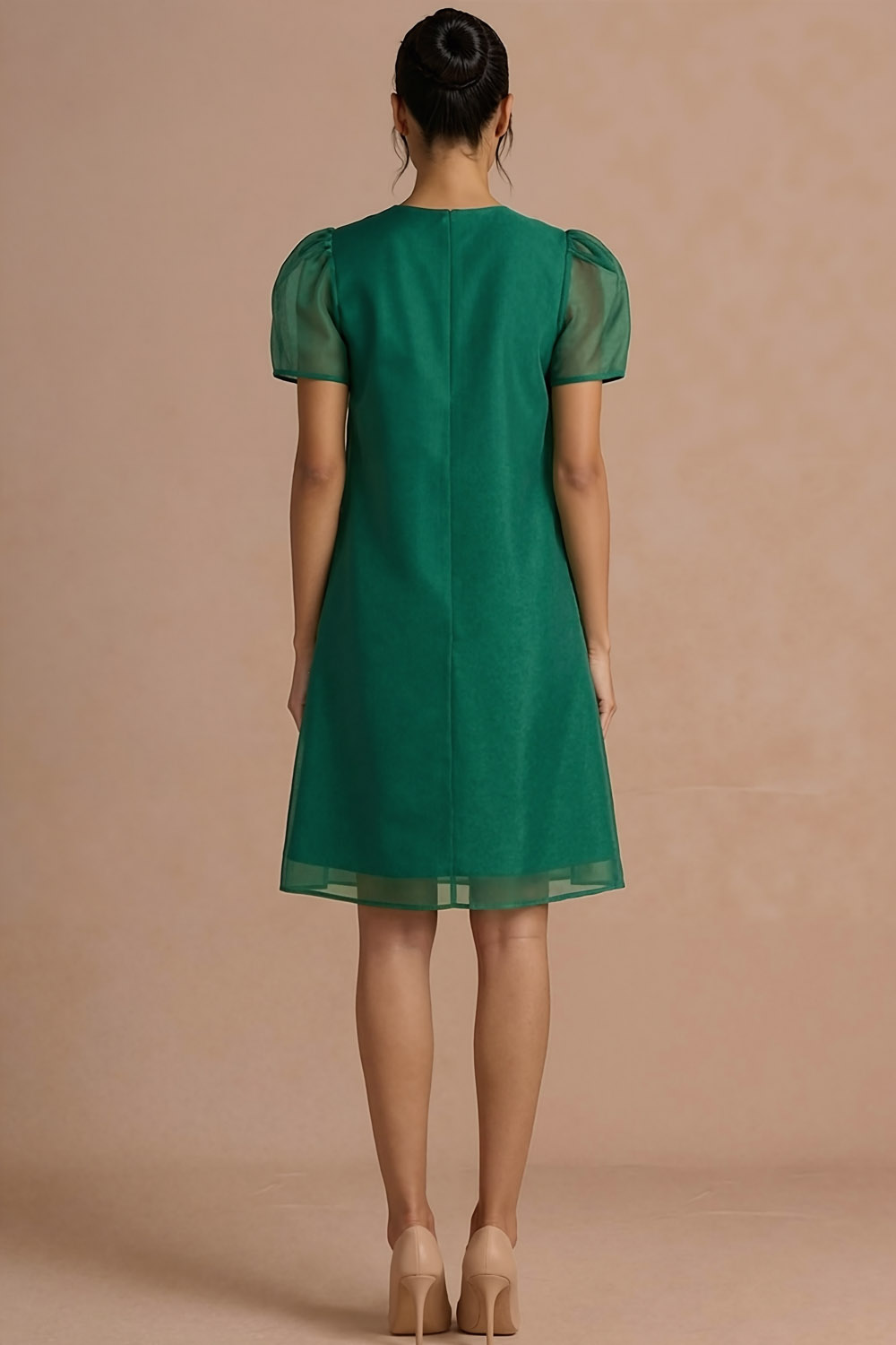 Emerald Green Formal Dress A-Line Round Neck Puff Sleeve Midi Dress 