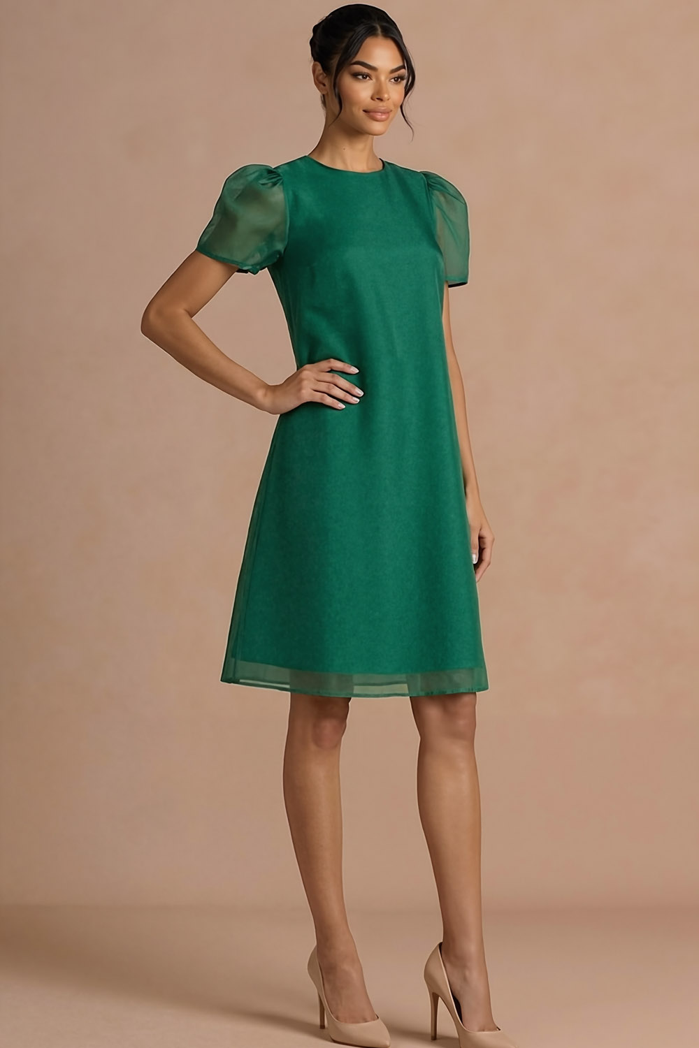 Emerald Green Formal Dress A-Line Round Neck Puff Sleeve Midi Dress 