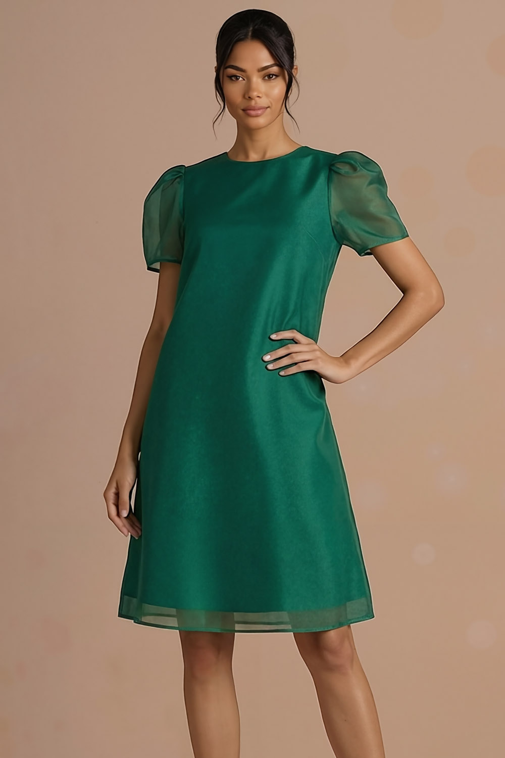 Emerald Green Formal Dress A-Line Round Neck Puff Sleeve Midi Dress 