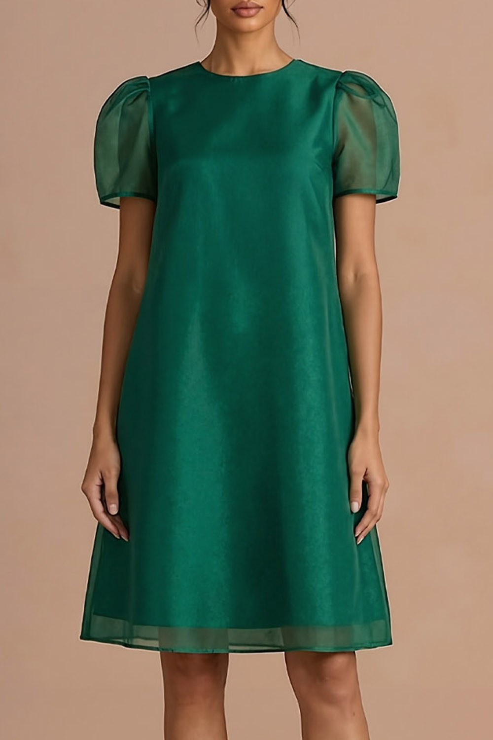 Emerald Green Formal Dress A-Line Round Neck Puff Sleeve Midi Dress 