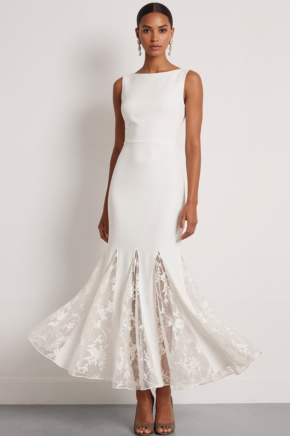 White Formal Evening Dress Crew Neck Mermaid Maxi Dress with Lace