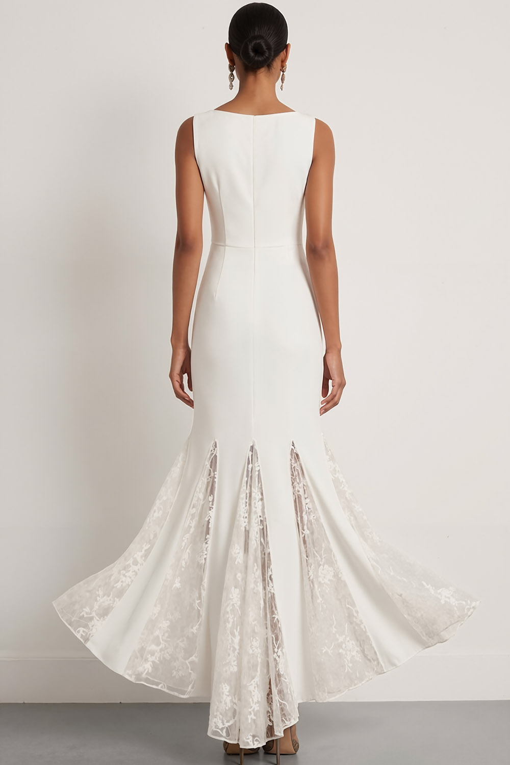 White Formal Evening Dress Crew Neck Mermaid Maxi Dress with Lace