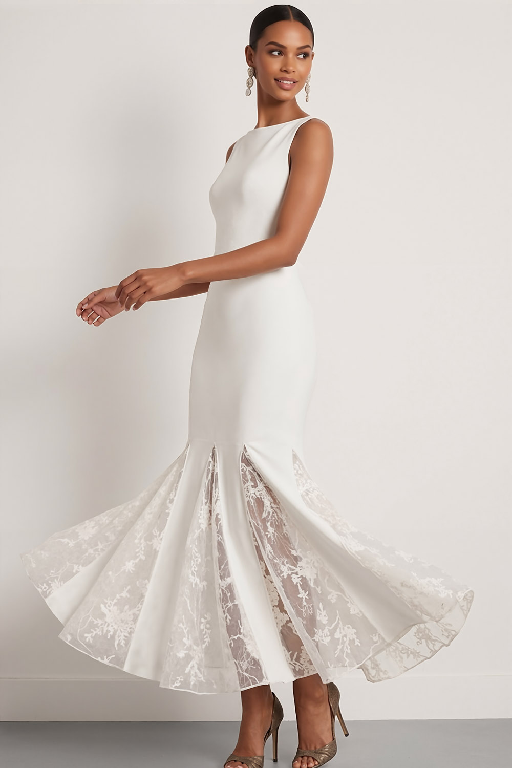 White Formal Evening Dress Crew Neck Mermaid Maxi Dress with Lace