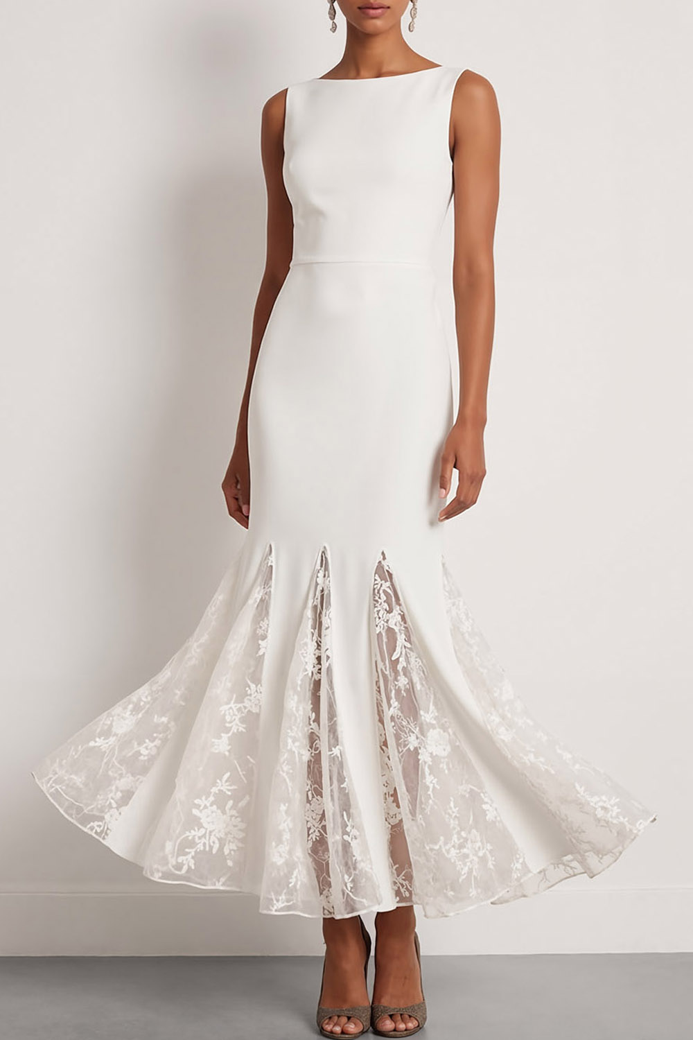 White Formal Evening Dress Crew Neck Mermaid Maxi Dress with Lace