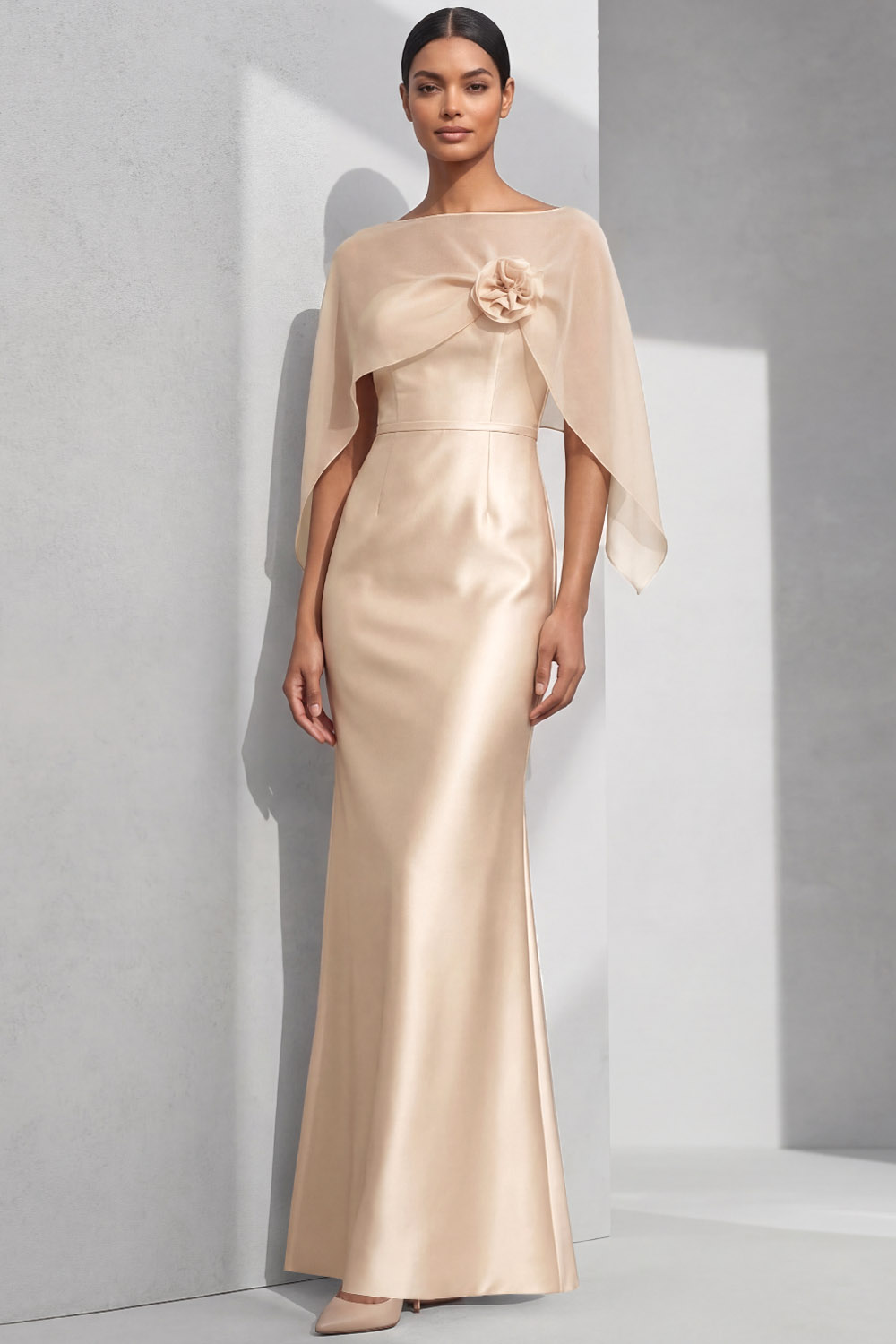 Champagne Formal Prom Dress Strapless Satin Maxi Dress with Cape