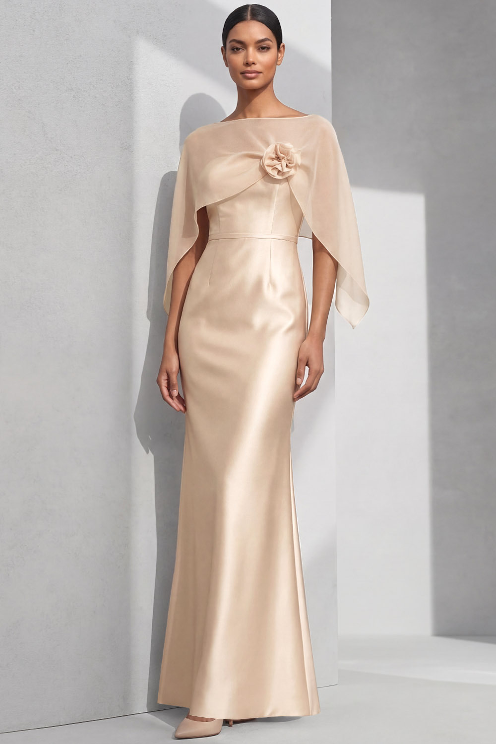 Champagne Formal Prom Dress Strapless Satin Maxi Dress with Cape