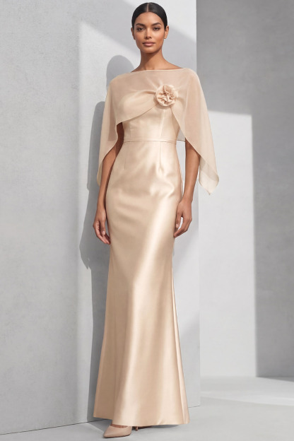Champagne Formal Prom Dress Strapless Satin Maxi Dress with Cape