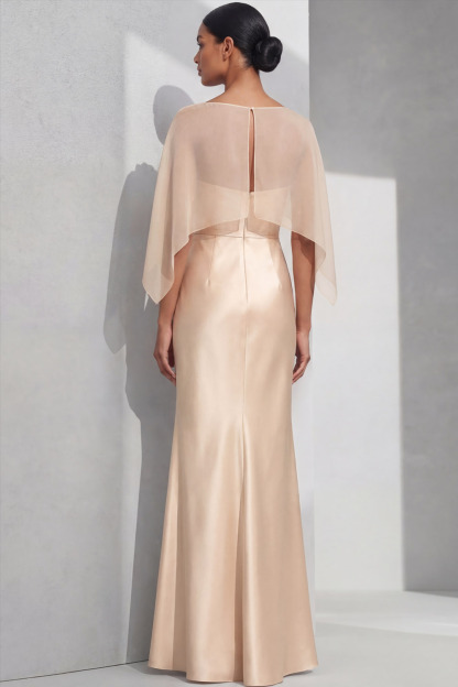 Champagne Formal Prom Dress Strapless Satin Maxi Dress with Cape