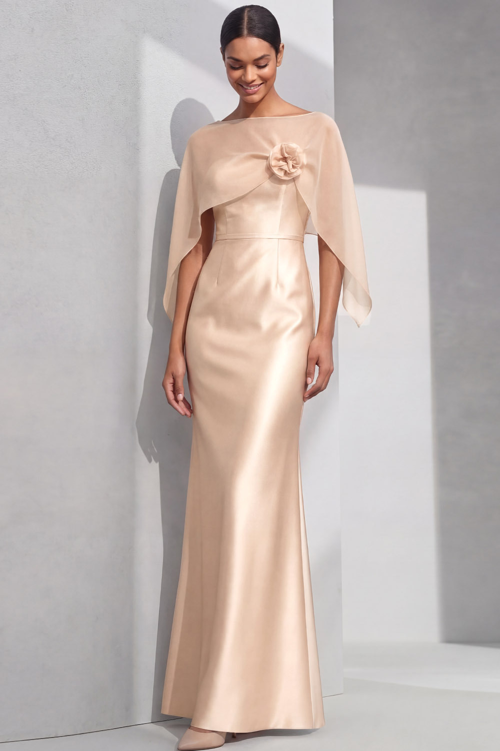 Champagne Formal Prom Dress Strapless Satin Maxi Dress with Cape