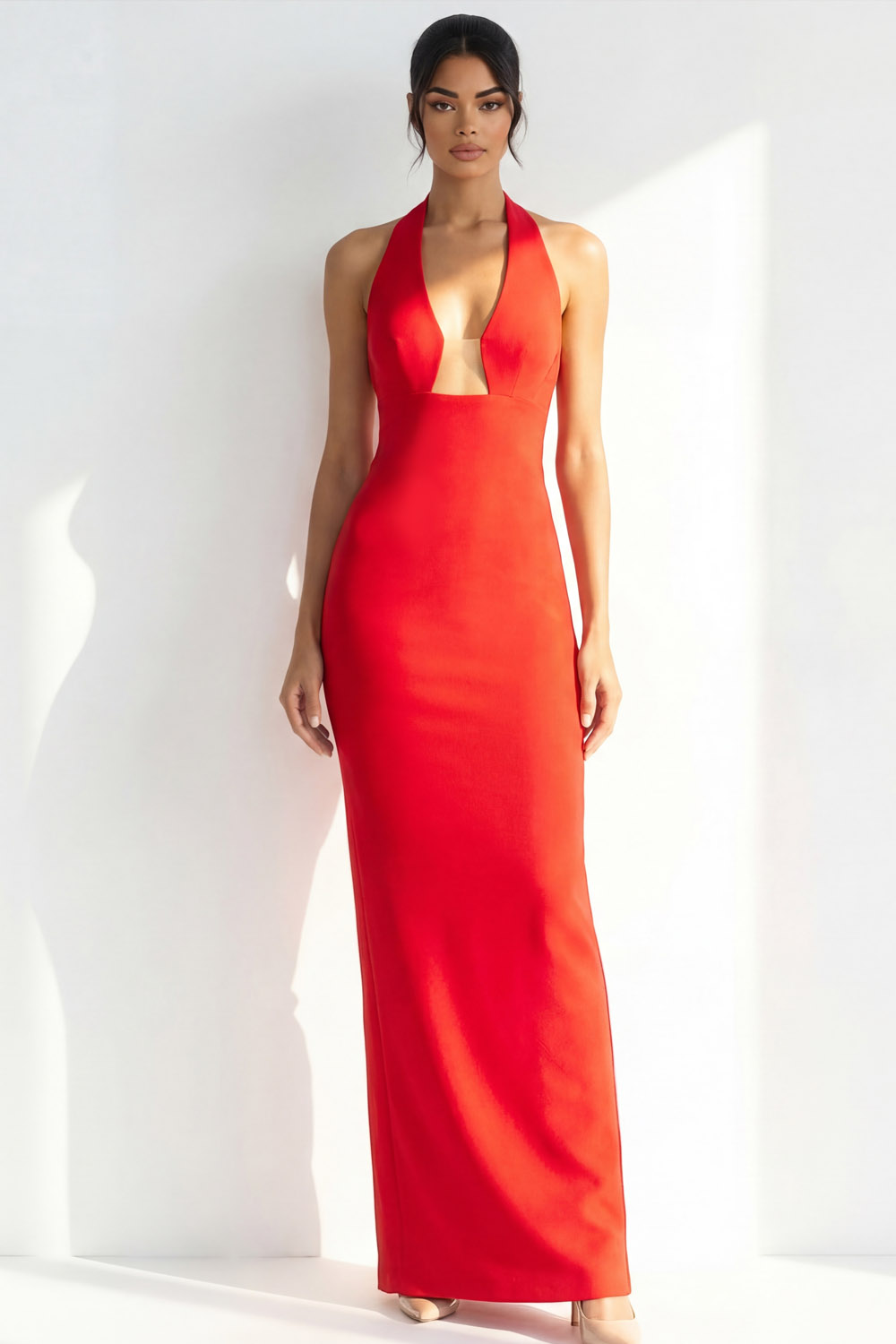 Red Formal Evening Dress Sheath Halter Backless Maxi Dress