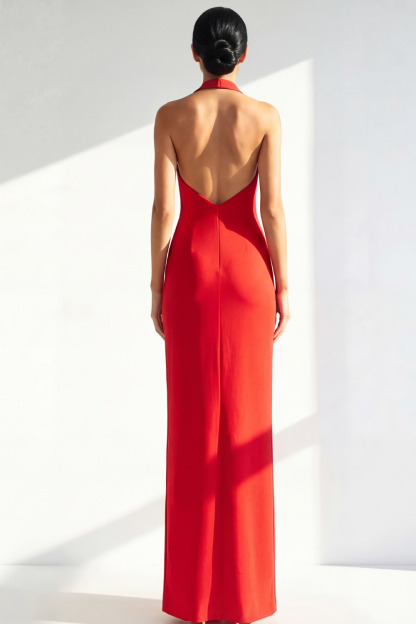 Red Formal Evening Dress Sheath Halter Backless Maxi Dress 