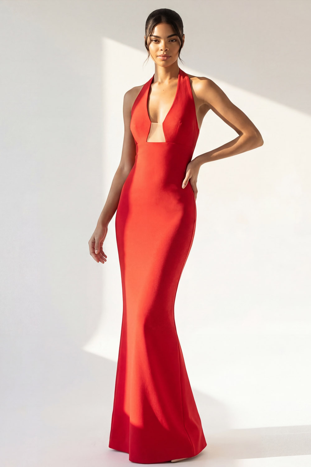 Red Formal Evening Dress Sheath Halter Backless Maxi Dress 