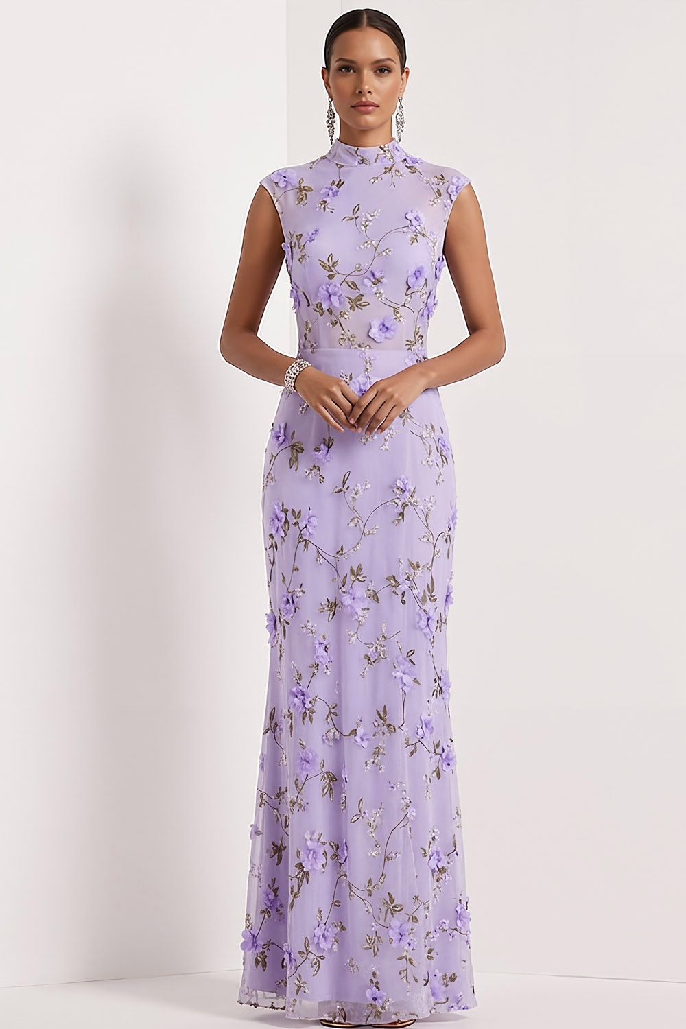 Lilac Floral Wedding Guest Dress Mermaid High Neck Maxi Dress 
