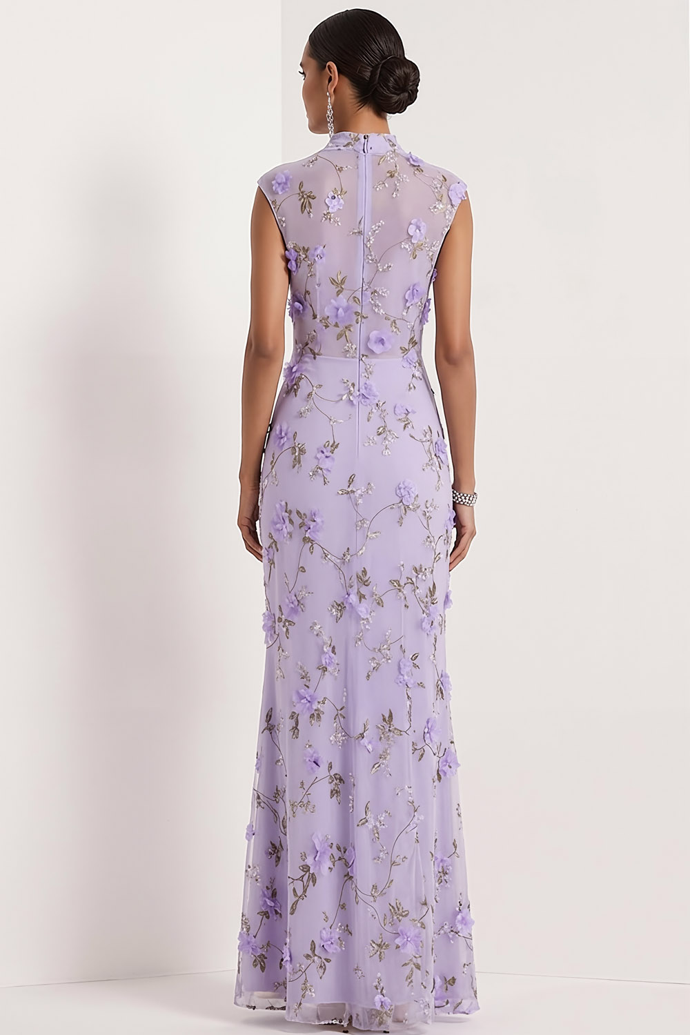 Lilac Floral Wedding Guest Dress Mermaid High Neck Maxi Dress 