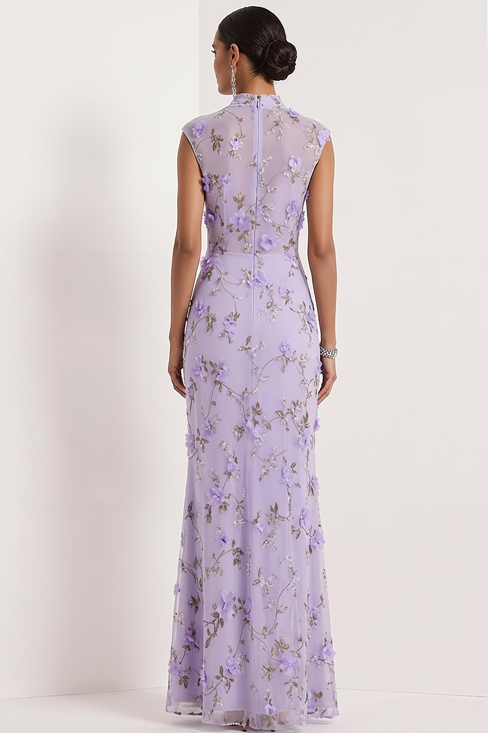 Lilac Floral Wedding Guest Dress Mermaid High Neck Maxi Dress 